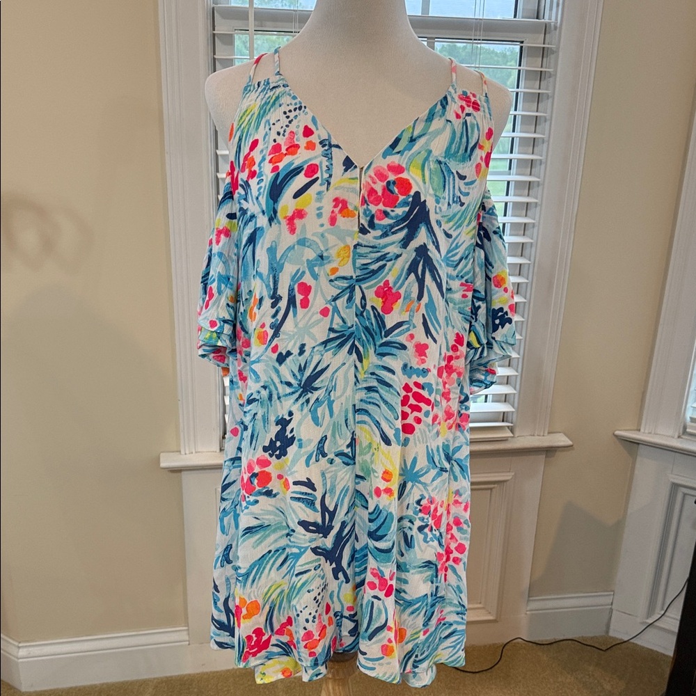 Tropical Floral Cold-Shoulder Sundress in Blue & White